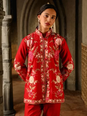 House-Of-Chikankari-Kashmiri-Aari-Woolen-Short-Jacket-Red-00005